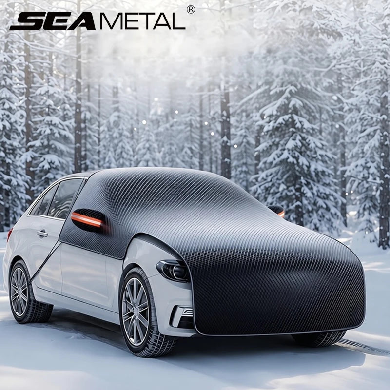 SEAMETAL Extended 3‑Window Car Windshield Snow Cover Engine Hood Anti‑Frost Anti‑Ice Sunshade with 6 Fixing Straps for Sedan SUV