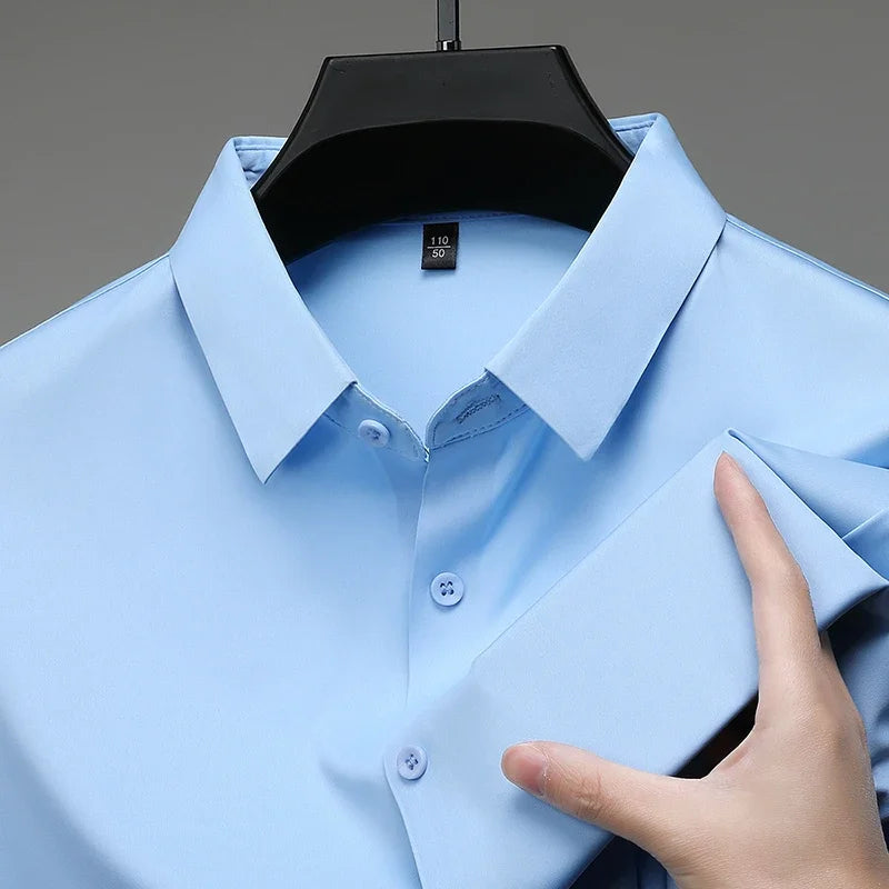 New Men's Business Casual Solid Color Short Sleeved Shirt for Summer Fashion No Ironing Comfortable and Versatile Top