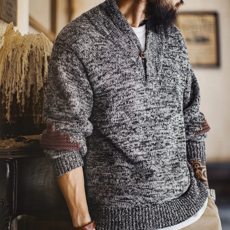 Maden Men's Vintage Shawl Collar Sweater Grey Quiet Luxury Knit Pullover Warm Base Layer for Autumn and Winter 100% Cotton Tops