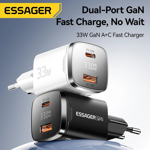 ឆ្នាំងសាក Essager 33W GaN USB Type C អេក្រង់ឌីជីថល PD សាកថ្មលឿនសម្រាប់ iPhone 17 16 15 14 Pro Max iPad Mini Xiaomi Samsung S22