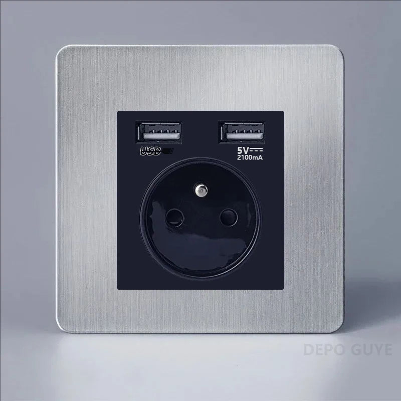 Retro EU France Socket Stainless Steel Brushed Double Power Outlet Toggle Metal Lever 1-4 Gang 2Way Wall Light Switch Panel RJ45