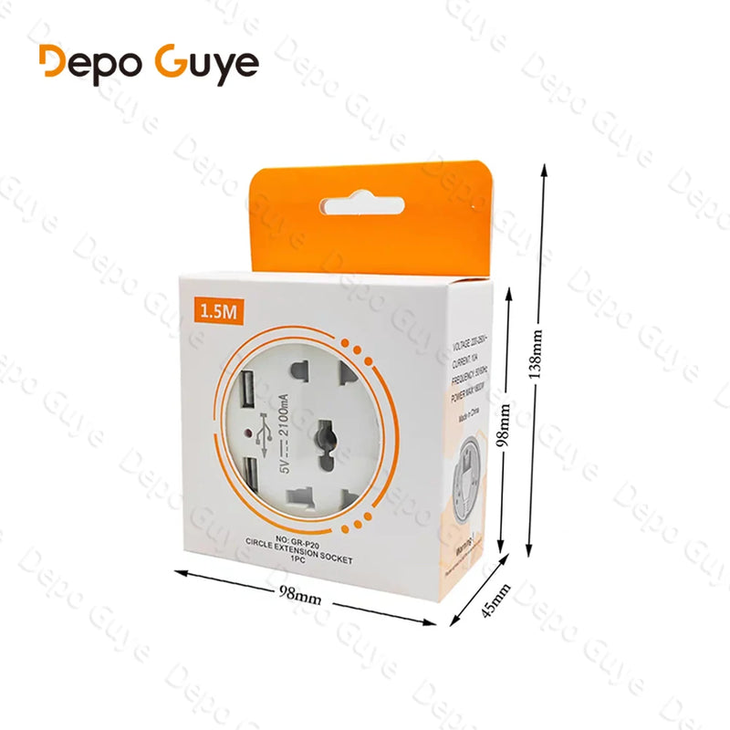 Travel Adapter Socket,EU Standard Plug,White Universal Five Hole Socket with Dual USB Power Portable Outlet with Cable 1.5m