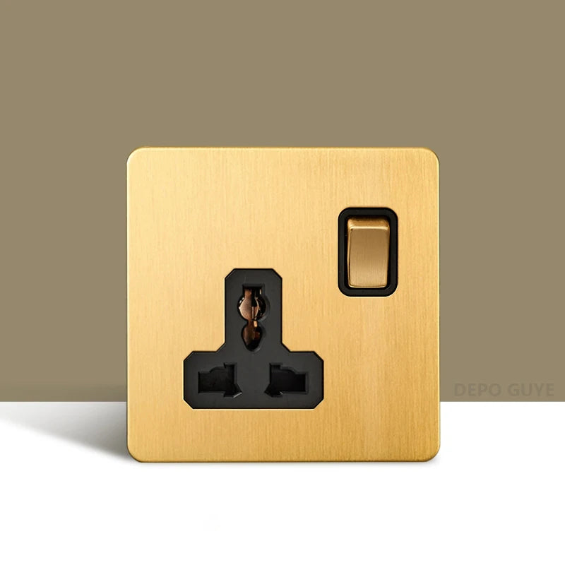 Retro Wall Light Toggle Switch Dual EU FR Socket Gold Stainless Steel Brushed Panel  Vintage Brass Lever For Home Improvement