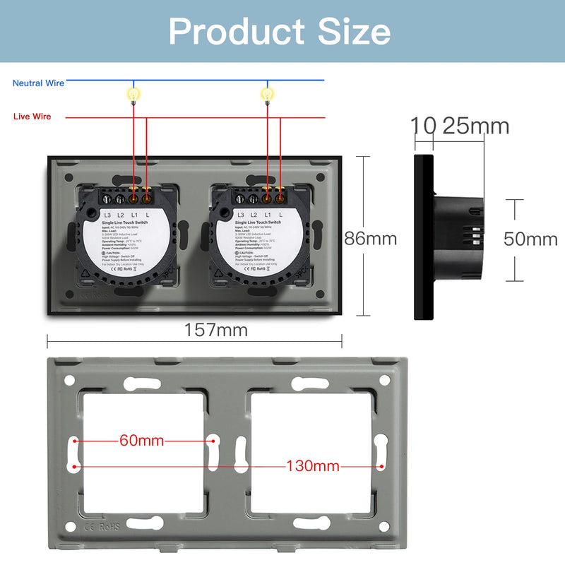 BSEED EU Double Wall Light Switches Touch Switch Wall Socket USB Type-C Charge Port Crystal Glass Panel Switch Blue Blacklight