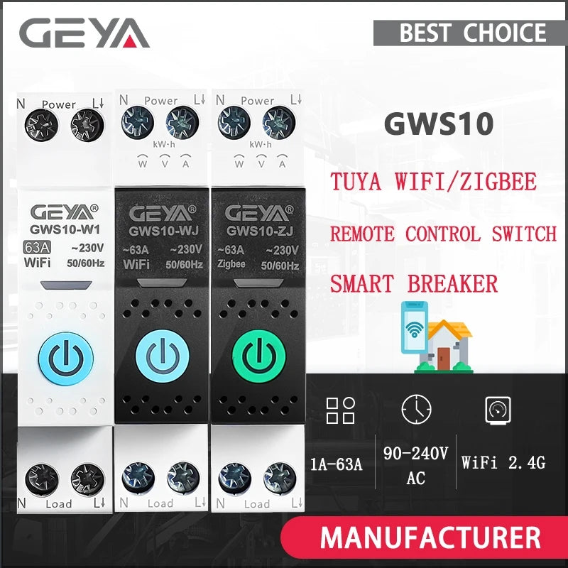 ឧបករណ៍បំបែកសៀគ្វីឆ្លាតវៃ GEYA WiFi/ZigBee MCB ជាមួយនឹងរនាំង DIN 63A សម្រាប់កុងតាក់បញ្ជាពីចម្ងាយឥតខ្សែសម្រាប់ផ្ទះឆ្លាតវៃ ដោយកម្មវិធី Tuya