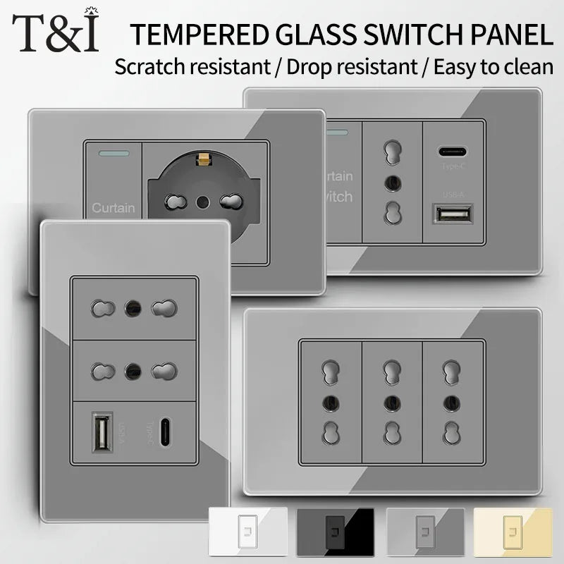 T&I Wall Switch Sockets With USB TypeC  Fast Charging, Italy Socket , Chile Schuko Outlet, Tempered Glass Panel for Home