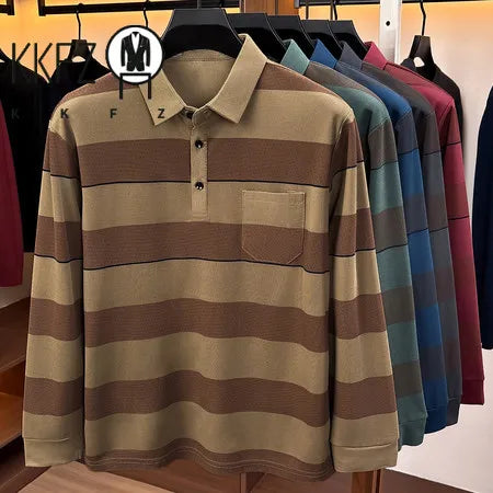 Mens Relaxed Lapel Polo Shirt Long Sleeve Horizontal Stripes Button Placket Casual Street Daily Fashion Outfit