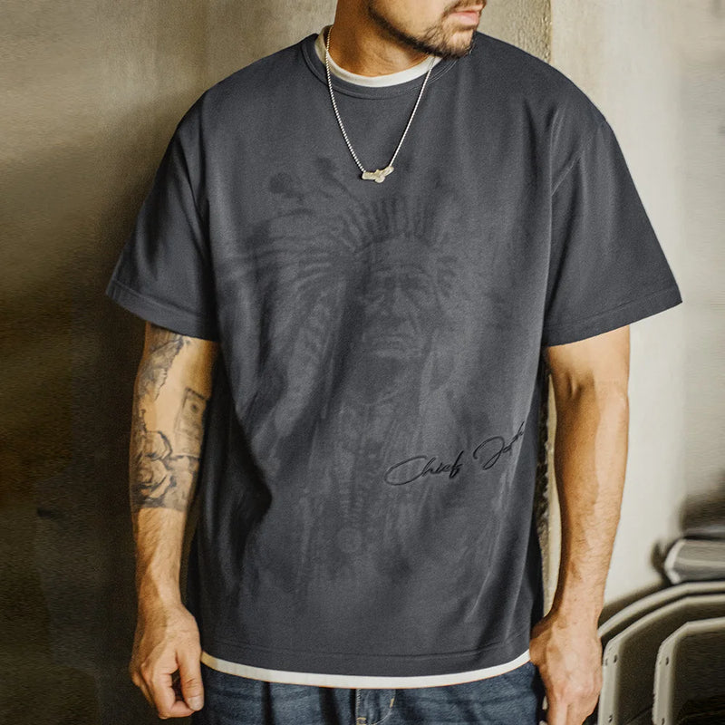 Maden Vintage Navajo Print Short Sleeve T-Shirt Men's Summer Heavyweight Cotton Tee Letter Embroidered Loose Fit Crew Neck Tops
