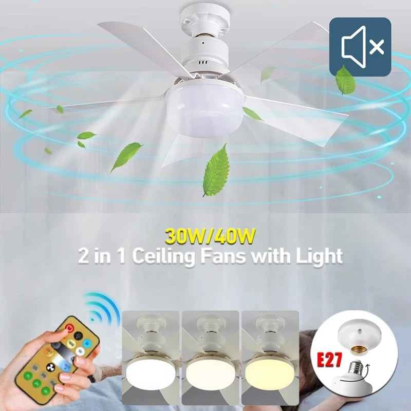 កង្ហារពិដាន LED 30W/40W សម្រាប់ពេលយប់ ប្រើបាត E27 អាចលៃតម្រូវពន្លឺបាន របៀបបញ្ជាពីចម្ងាយ កង្ហារពិដានថាមពលខ្យល់ខ្ពស់