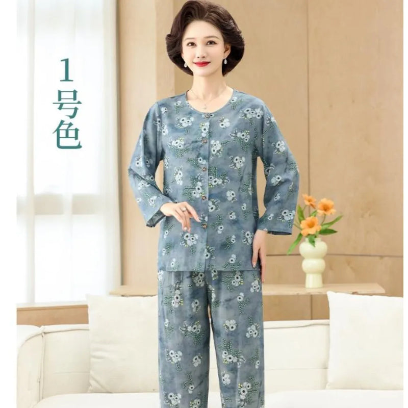 Middle-aged XL-4XL LARGE Home Wear Nightwear for Women Pajamas Floral Spring New Long Sleeve Pyjamas Set Woman Night Clothes