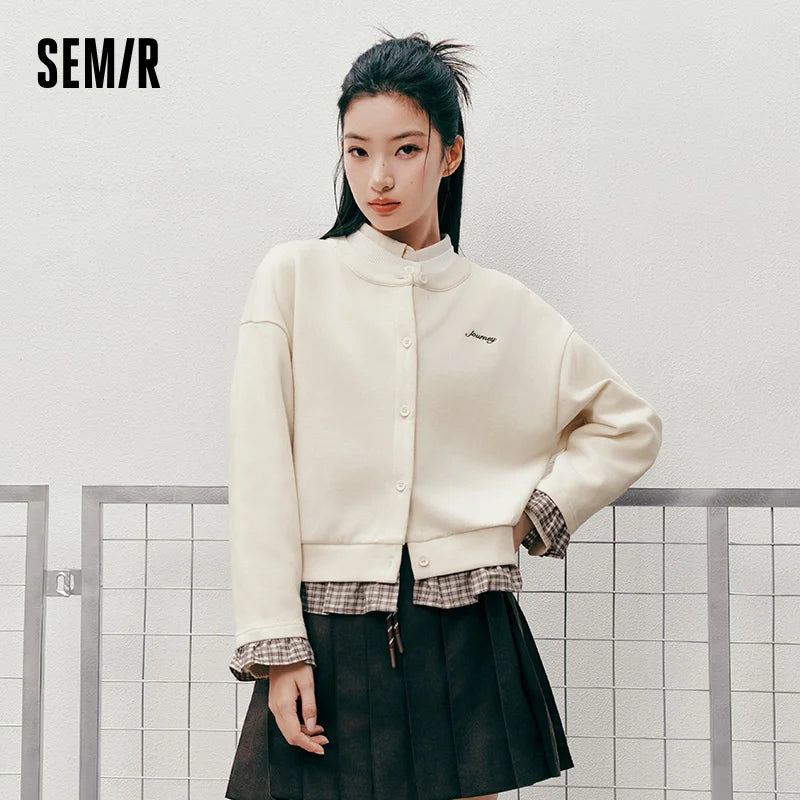 Semir Women Jacket Short Plaid Patchwork Faux Two Piece Loose Dropped Shoulder Embroidery Casual Outerwear 2026
