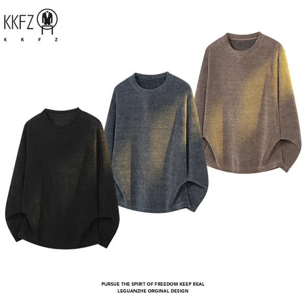 Mens Textured Knit Crew Neck Pullover Long Sleeve Washed Gradient Effect Relaxed Cut For Layered Styling Outfit