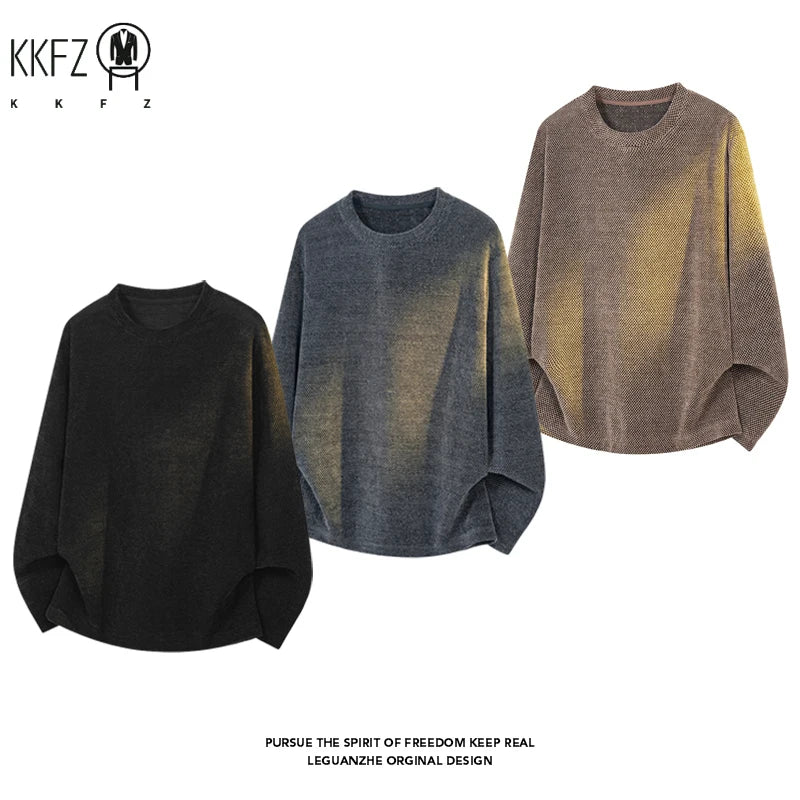 Mens Textured Knit Crew Neck Pullover Long Sleeve Washed Gradient Effect Relaxed Cut For Layered Styling Outfit