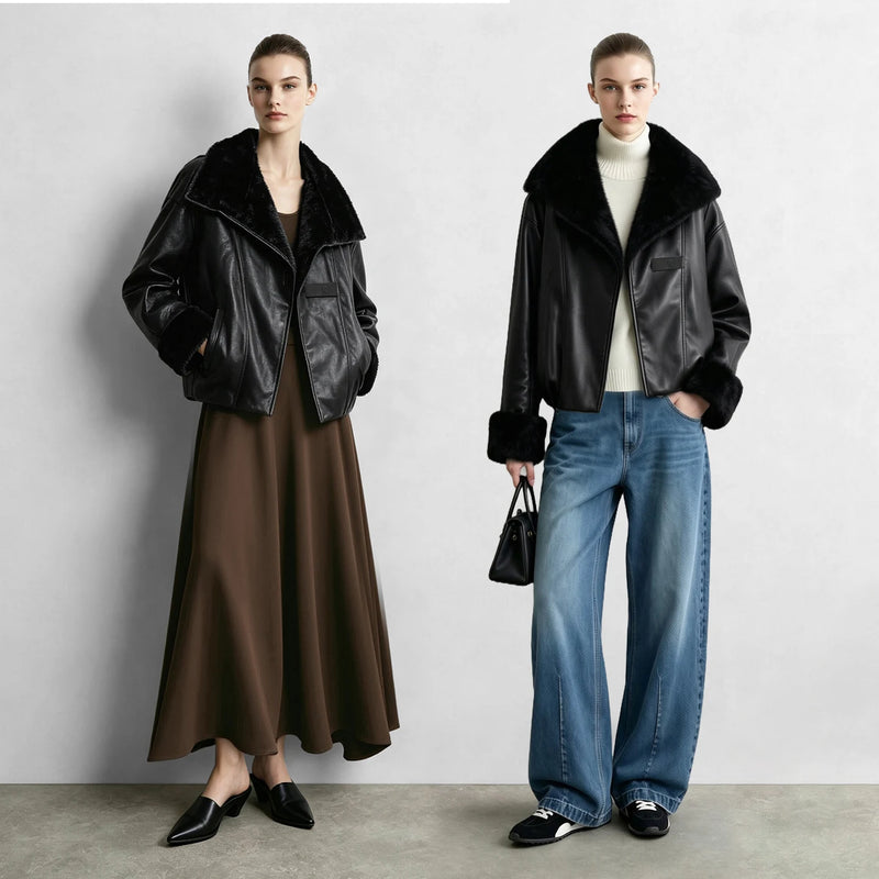 Amii Faux Leather Shearling Collar Jacket Biker Oversized Warm Commuter Minimalist Dark Winter 2026 Women's coat 12644005