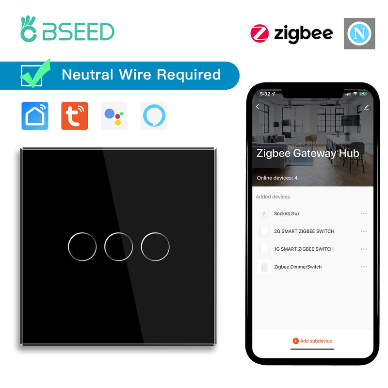 BSEED Zigbee Touch Switch 1/2/3Gang 1/2/3Way Smart Wall Switch Tuya Google Home App Alexa Voice Control Need Neutral Wire