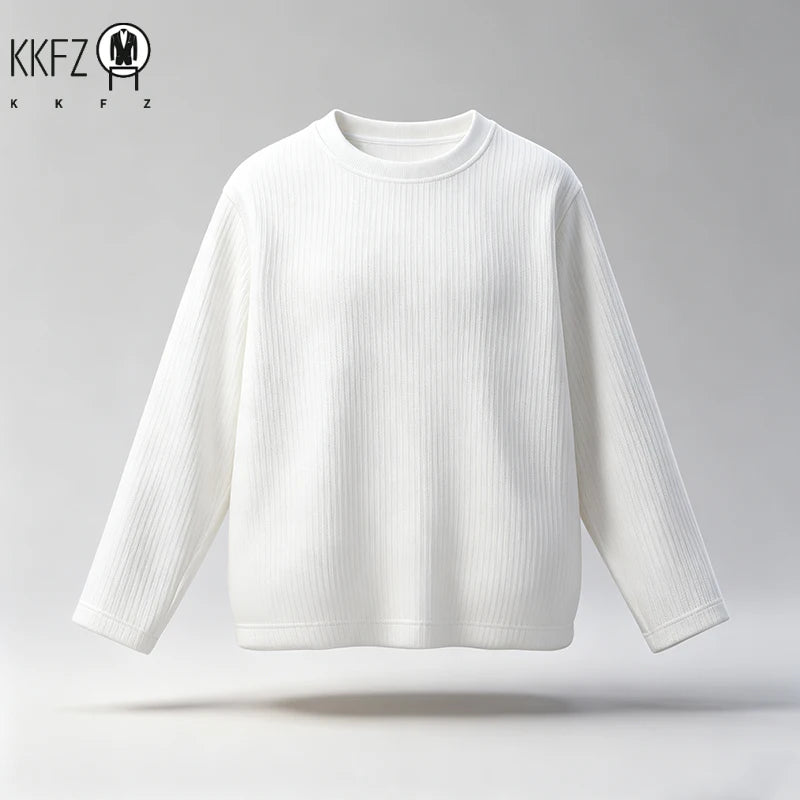 Mens Oversized Crew Neck Knit Top Vertical Ribbed Fabric Long Sleeve Relax Cut Daily Casual Wear Shirt