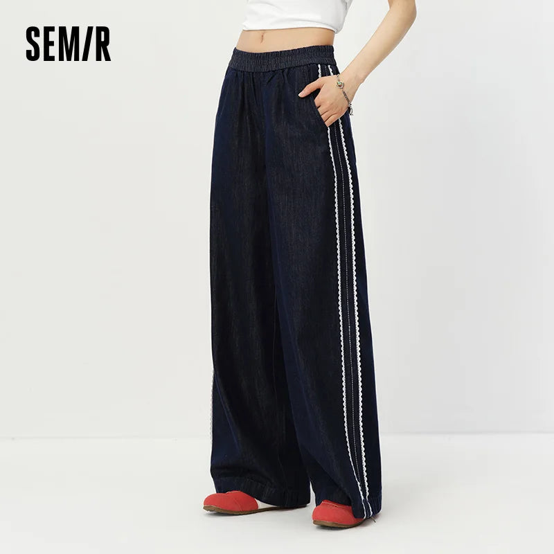 Semir Women Pants Denim Lace Trim Loose Wide Leg Lazy Temperament Floor Length 2026 Summer Fashion Casual Top