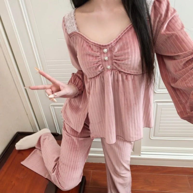 Chest Pad Lady Long-sleeved Two-piece Suit Sleepwear Pajamas New Spring Autumn 2026 Elegant Home Clothes Pyjama Femme Nightwear