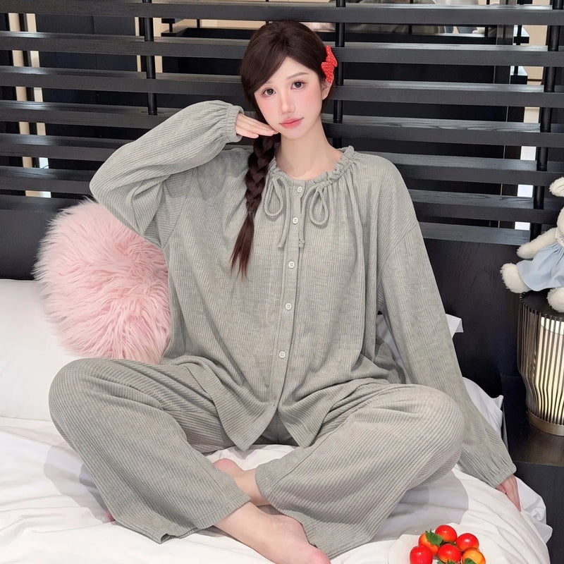 Solid Color Mujer Pijama Sleepwear Women's 2-piece Sets Autumn New Long Sleeve Nightwear for Women Pajamas Comfort for Homewear