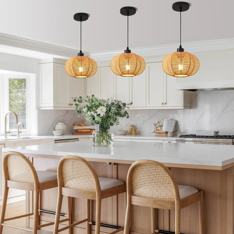 JOYINLED E27 Woven Chandelier Boho Pendant Lamp with Handwoven Rattan Basket Lamps Hade Hanging Light Fixture Bedroom Farmhouse