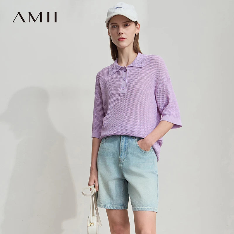 អាវធំ Amii សម្រាប់នារី រចនាបថប៉ូឡូ បែប Minimalist រដូវក្តៅ ថ្មី ចាស់ មានលំនាំរលក ចោះរន្ធ ដេរ អាវយឺតប៉ាក់រលុង 12552098