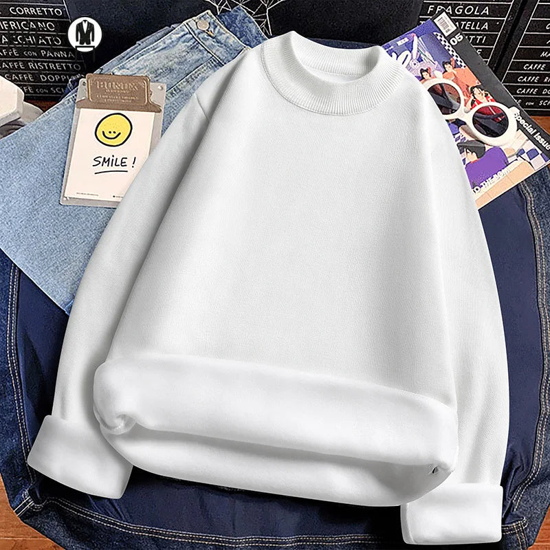 Male Everyday Wear Knitted Pullover Mock Collar Thick Fleece Lining Long Sleeve Warm Sweater For Chilly Weather
