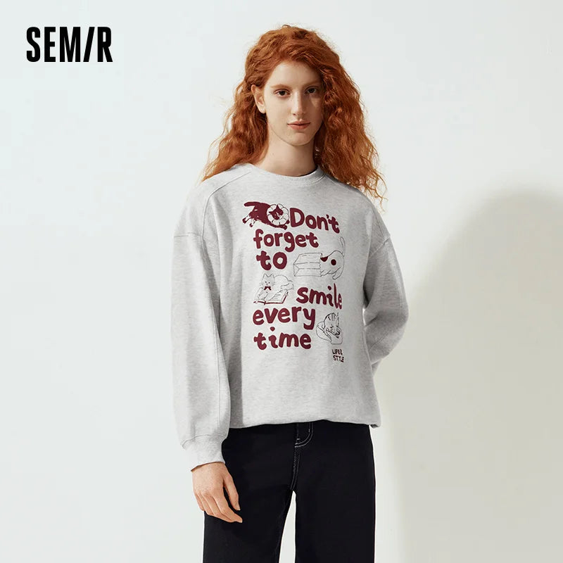 Semir Women Sweatshirt Cat Graphic Oversized Fit Mid Length 2026 Winter Soft Comfort Casual Style Warm Layer Everyday Wear