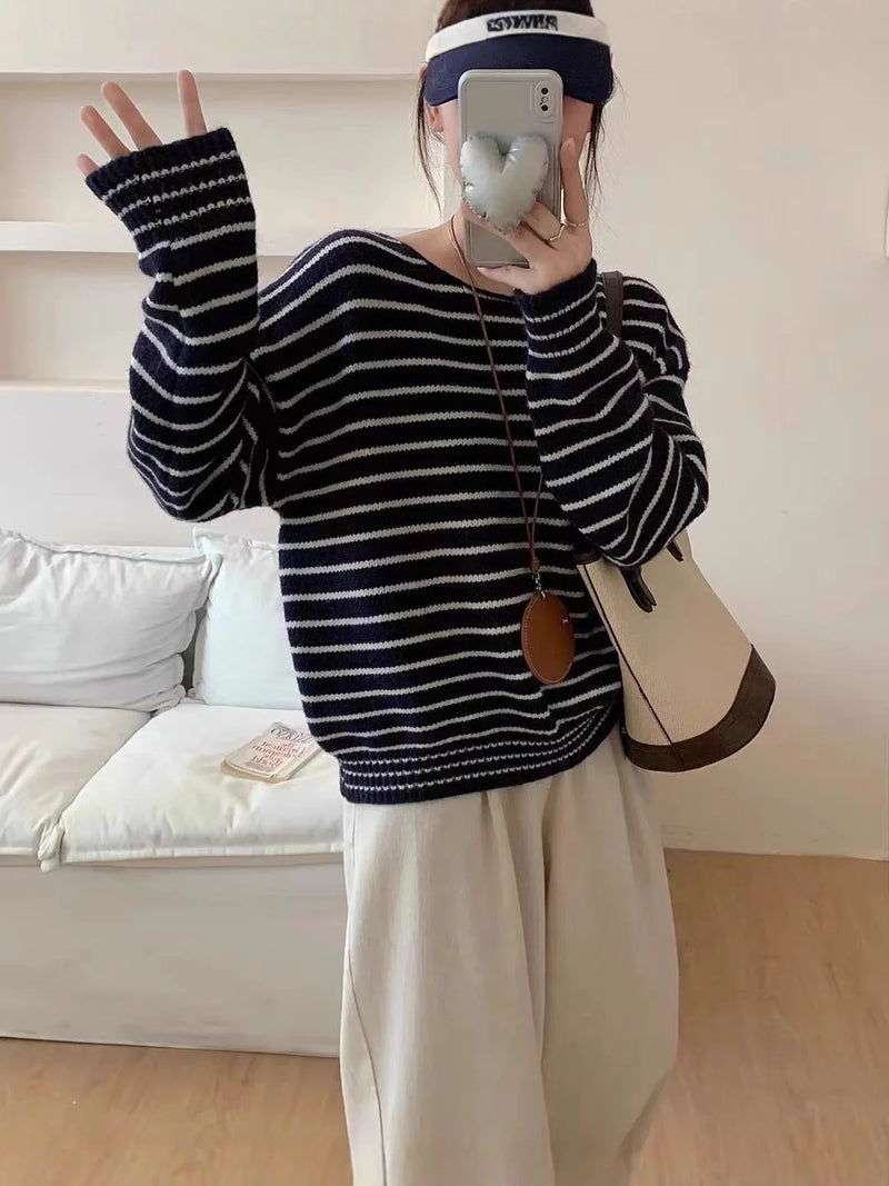 Fashion Striped Knitting Pullover Woman Clothes Round Neck Long Sleeve Knitwear Tops Spring Autumn Woolen Women's Sweater