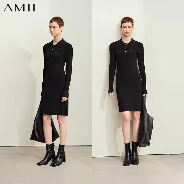រ៉ូប Amii Minimalism សម្រាប់ស្ត្រី 2026 រដូវស្លឹកឈើជ្រុះថ្មី Office Lady Lapel Letter Embroidery Slim Casual Solid Midi Knit Dress 12413014