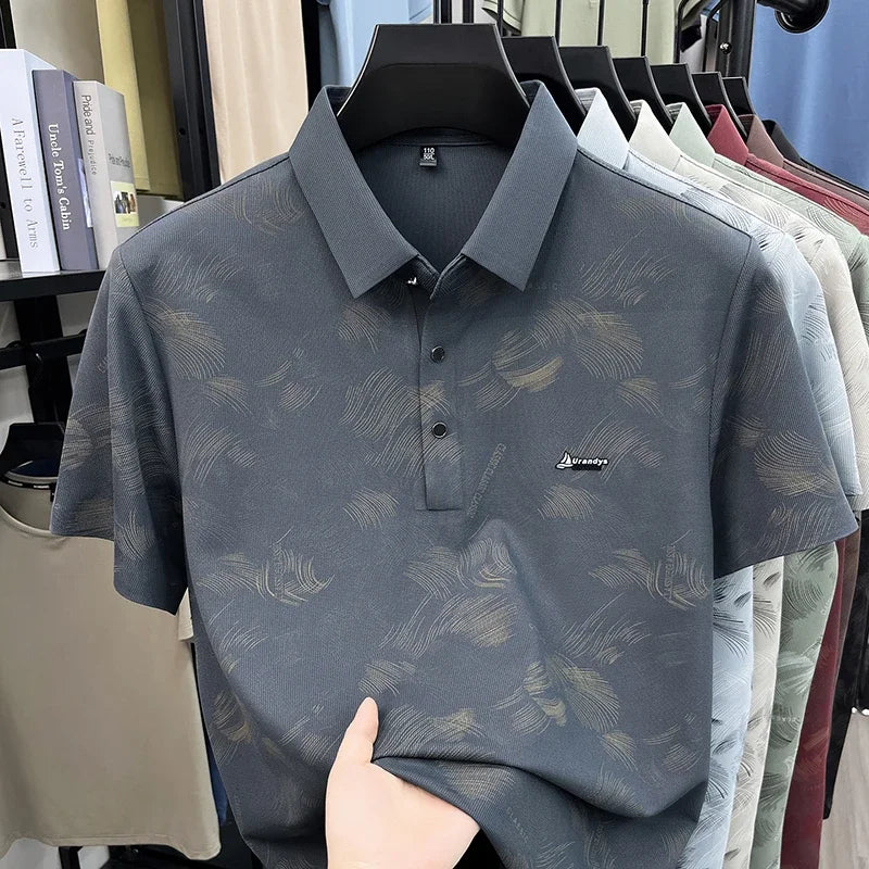 Everyday Wear Abstract Feather Printed Lapel Polo Mens Soft Cloth Casual Dinner And Post work Walking Apparel