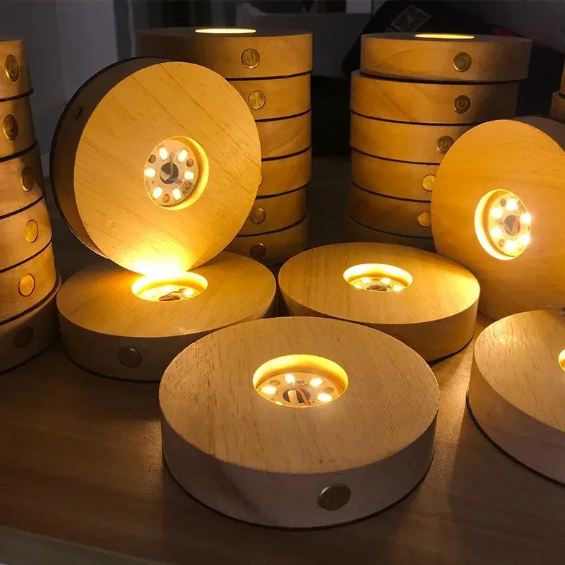 8cm Wooden LED Light with USB Plug in Display Base Round Wooden Stand Battery Powered 3D Resin Art Crystal Glass Holder