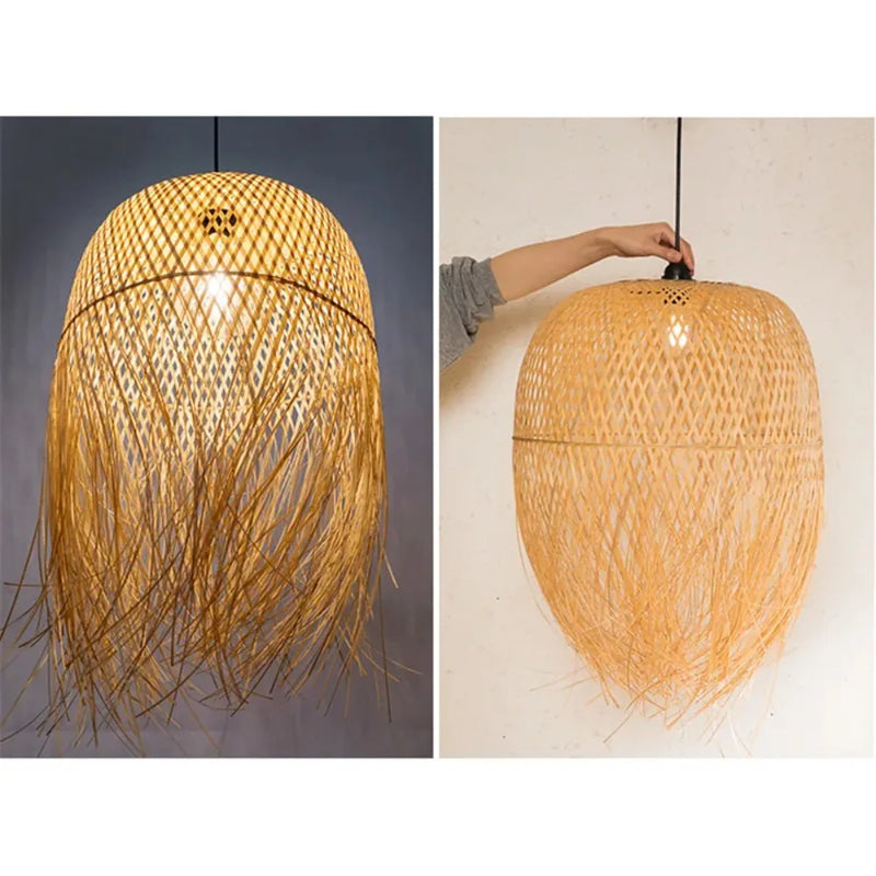 Vintage Bamboo Chandelier Natural Handmade Woven Rattan Pendant Lights E27 Hanging Lamp Restaurant Tea Room Living Room Cafe