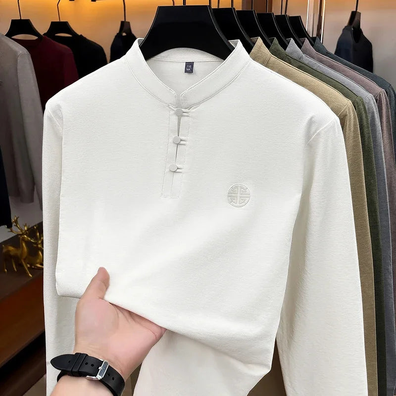Men Long Sleeve Button Placket Tee Stand Collar Chest Embossed Detail Loose Fit Daily Office Leisure Wear Top