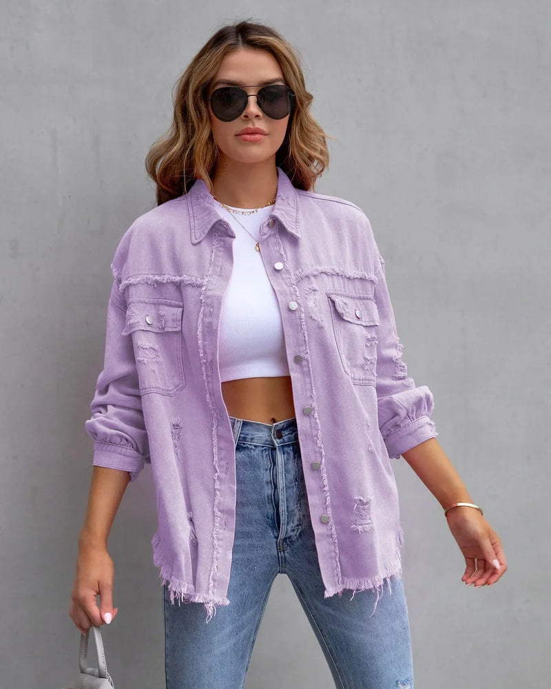Women's Purple Mid-Length Raw Edge Ripped Denim Jacket, Red Long Sleeve Casual Lapel Coats Top, Green Blue Yellow Gray Optional