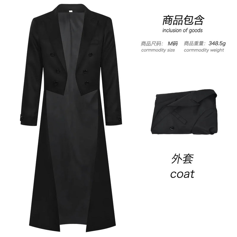 Men's Punk-style Black Tailcoat, Red Double-breasted Trench Coat, Available in Blue and Green.