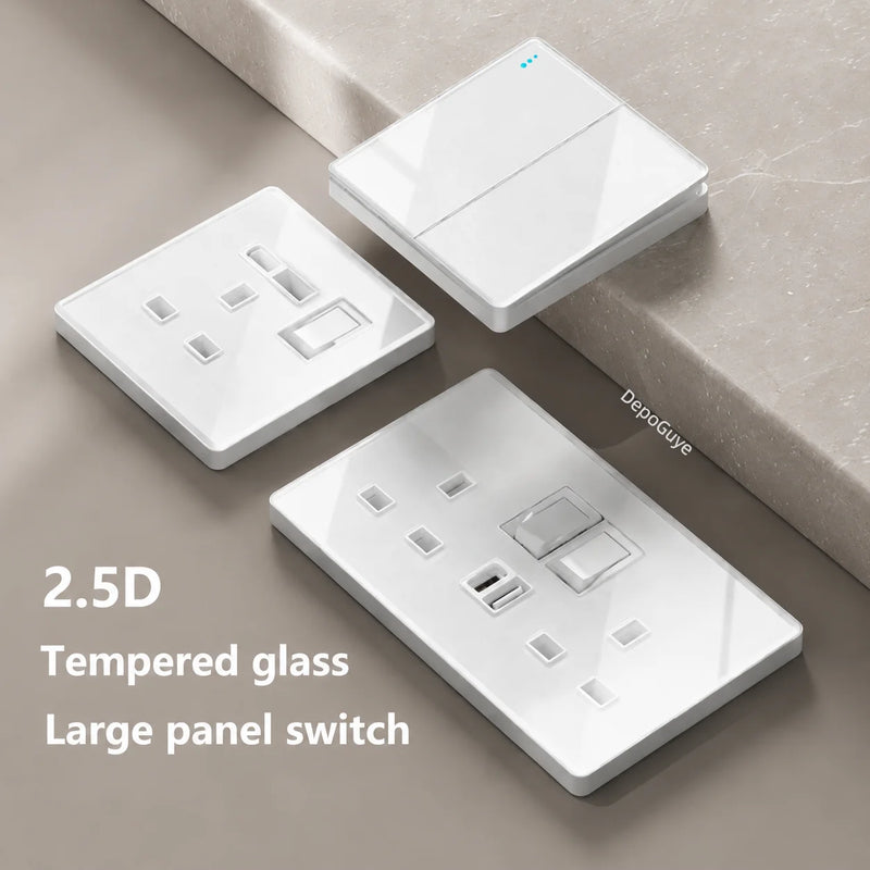White Tempered Glass 2Way Wall Light Switch, UK Wall 18W Type-C Fast Charging USB Socket, Universal Electrical Outlet Plug 220V