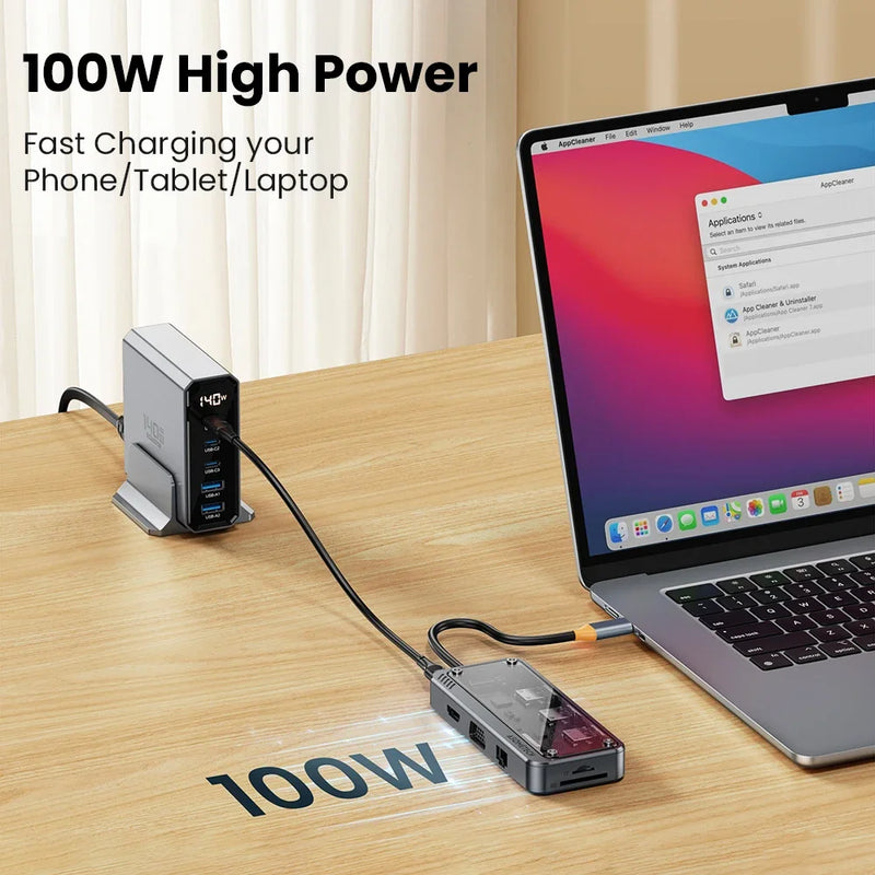 ស្ថានីយ៍ចត USB C HUB 10 ក្នុង 1 ប្រភេទ C ទៅ HDMI-compatible Hub Usb 3.0 អាដាប់ទ័រ PD 100W សម្រាប់សាកថ្មលឿន Macbook PC Laptop Tablet