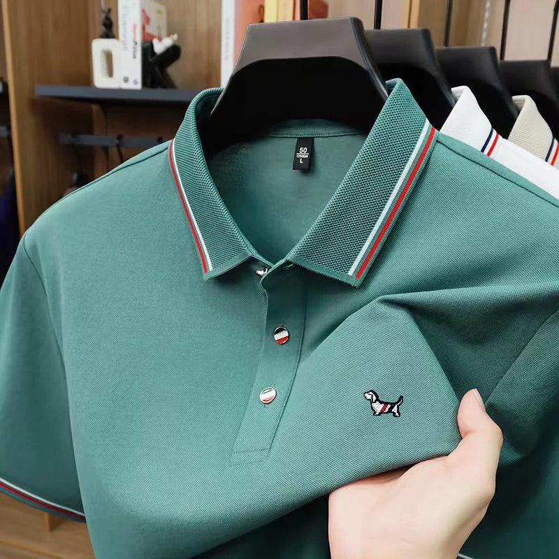 Luxury Man Short-Sleeved Polo Shirt Lapel Button Silk-Containing Dog Embroidery British Style T-Shirt Outdoor Leisure Men's Wear