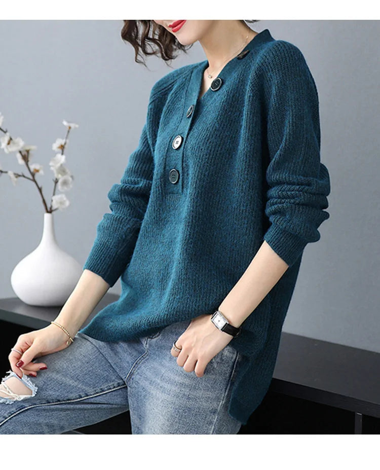 Elegant Female Autumn Winter Clothing Loose Knitting Sweater For Women Long Sleeve Top Casual V Neck Pullover Shirt M-3XL