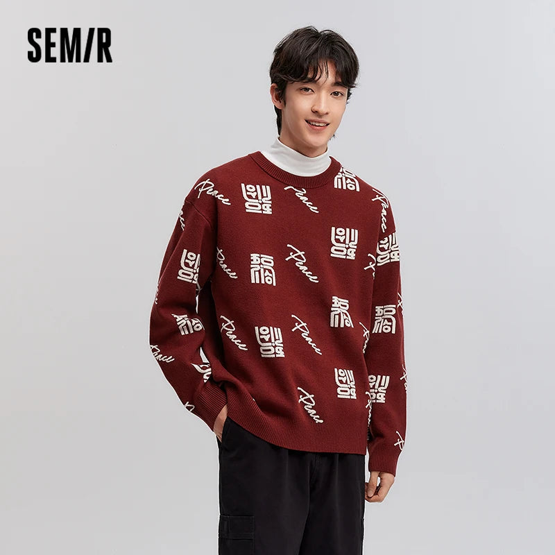 Semir Sweater Men New Year's Red Jacquard Knitted Sweater 2025 New Spring Couple's Sweater Loose