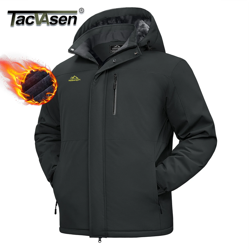 TACVASEN Mens Heavyweight Ski Jacket Waterproof Fleece Parka Detached Hood Windproof Placket Outdoor Coat Winter Warm 5 Pocket