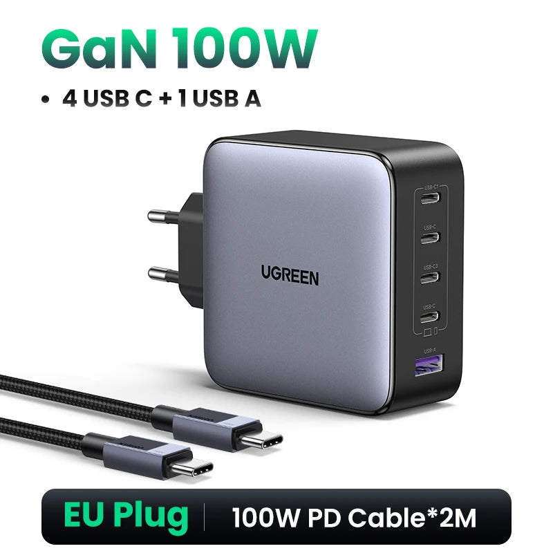 UGREEN 100W GaN Charger 5 Ports USB C Charger QC4.0 3.0 PPS For Macbook Air Laptop Tablet PDFast Charger For iPhone 18 17 16 Pro