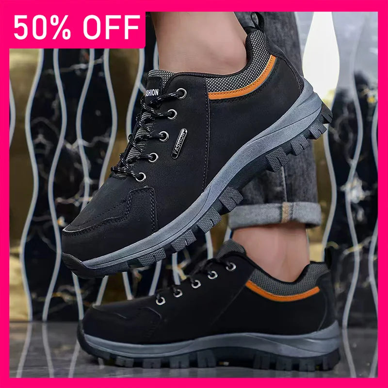 Mens Hiking Shoes New Durable Premium Leather Low-Top Lace-Up Anti-Slip Rubber Sole Versatile Outdoor Hiking Casual Sports Shoes