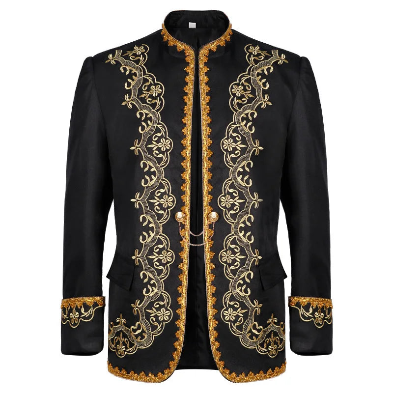 Vintage-style Men's Black Long-sleeve Stand-up Collar Jacket with Gold Embroidery, Perfect for Weddings, Parties, and Cosplay.