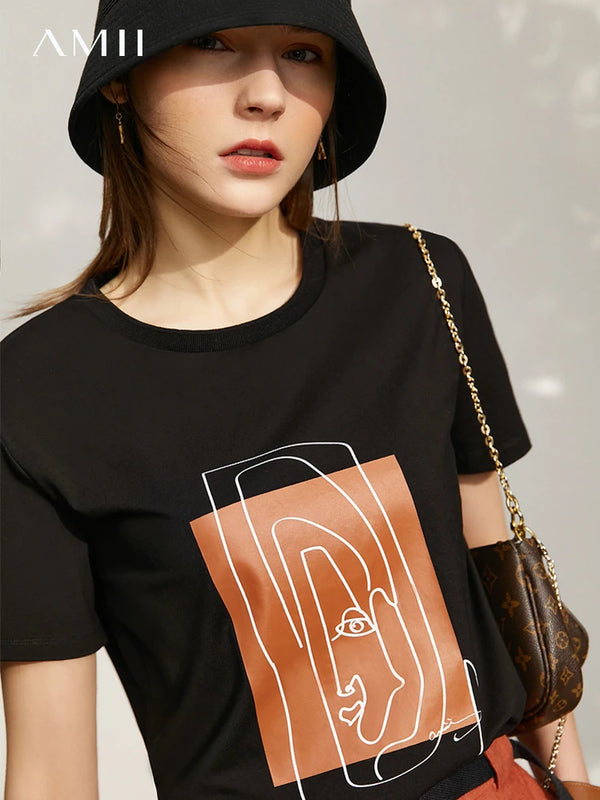 AMII Minimalism 2026 Summer New Top Women Short Sleeves Geometric Print T-shirt Cotton O Neck Black Casual Tees Female 12342527
