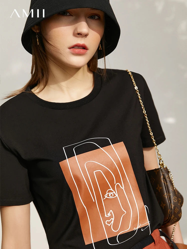 AMII Minimalism 2026 Summer New Top Women Short Sleeves Geometric Print T-shirt Cotton O Neck Black Casual Tees Female 12342527