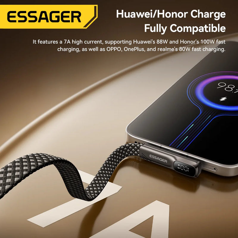 ខ្សែសាក Essager 7A USB Type C Elbow Digital Display សាកលឿន USB C សម្រាប់ Huawei P90 Mate60 Samsung Honor Oneplus 15 Realme
