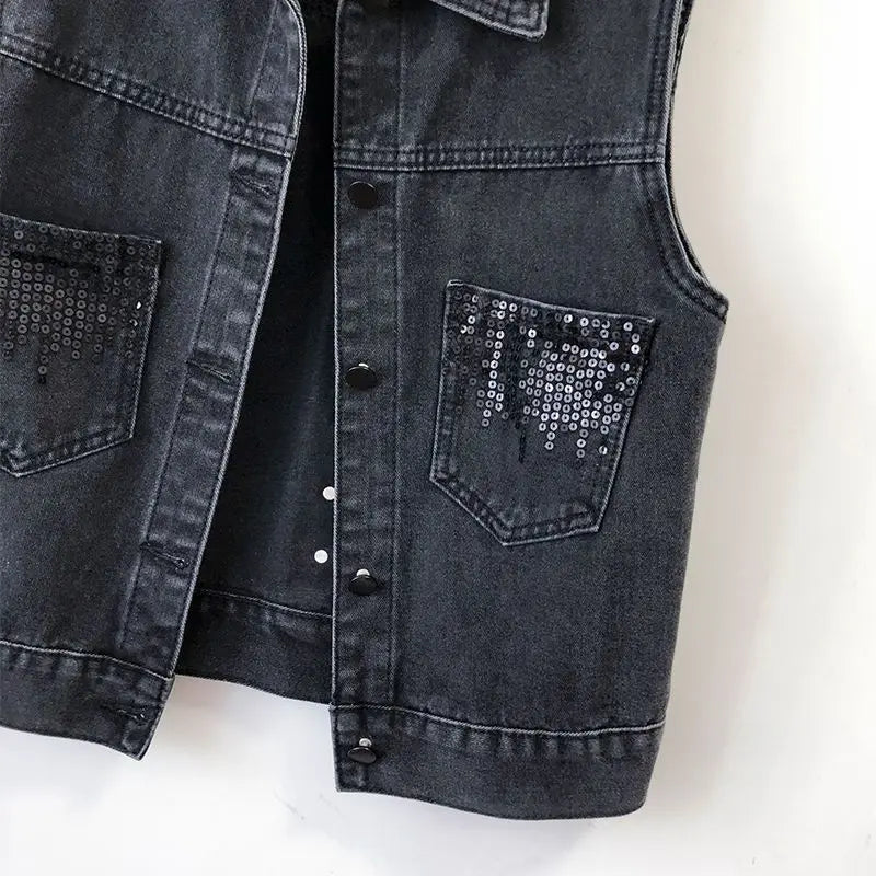 Fashion Sequined Large Size Denim Women's Vest Jacket Korean Version Sister Spring Autumn Short Waistcoat Buttons Pockets Top