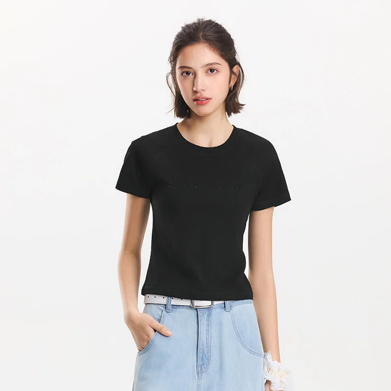 Semir Letter Print Short Sleeve T-Shirt Women Raglan Sleeve Rhinestone Design 2025 Summer Fashion Elegant Top for Party Wear