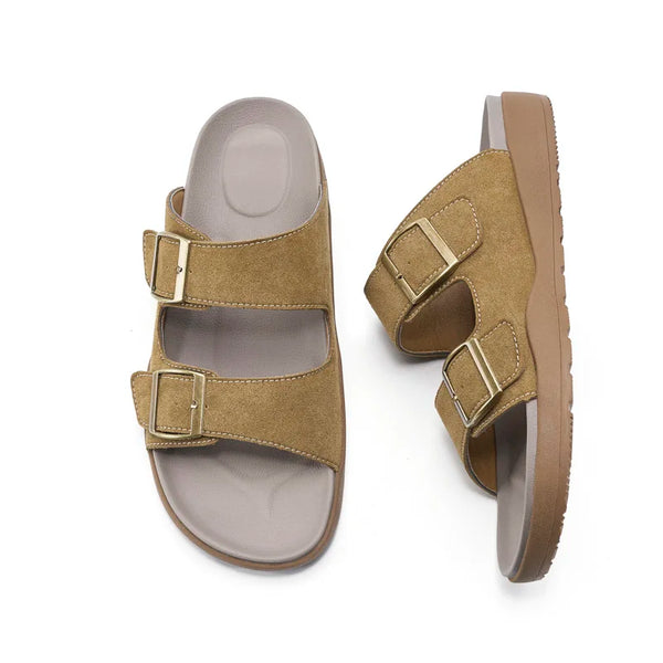 Men Women Two Strap Buckle Slide Sandals Adjustable Metal Buckle Comfort Footbed Flat Slides Orthopedic Summer Beach Slippers